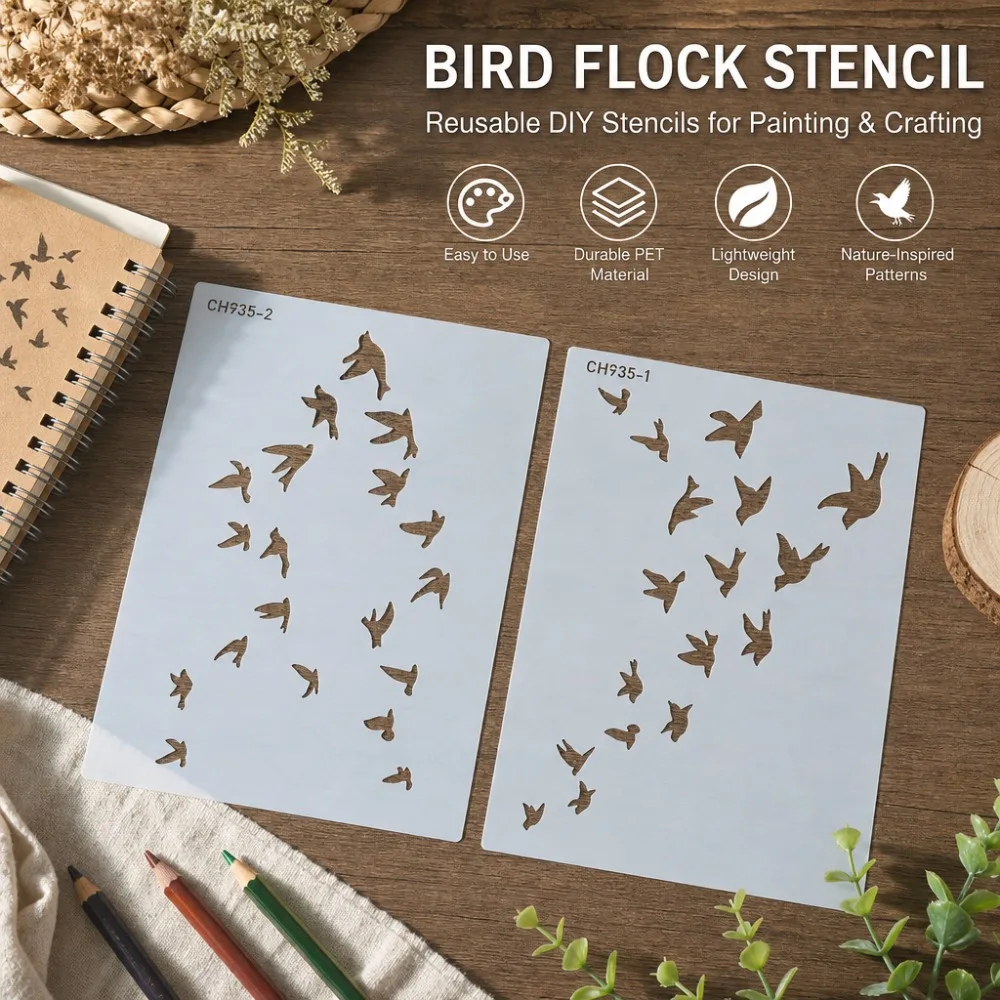 2Pcs Bird Flock Stencils, Reusable PET Bird Template for Wall Painting Home DIY Art Craft Decor