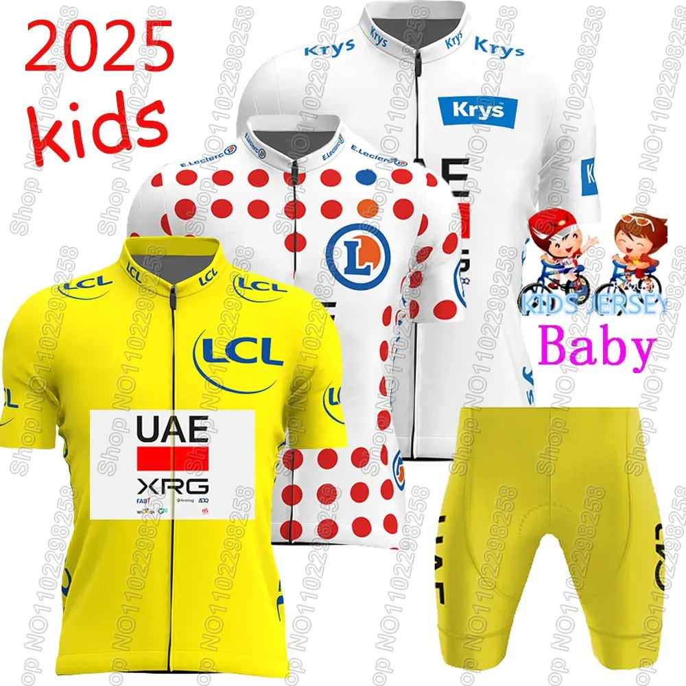 

Детский комплект из трикотажа для велоспорта France Tour UAE Team 2025 для мальчиков и девочек, детская одежда для велоспорта, рубашки для шоссейного велосипеда, костюм, велосипедные штаны