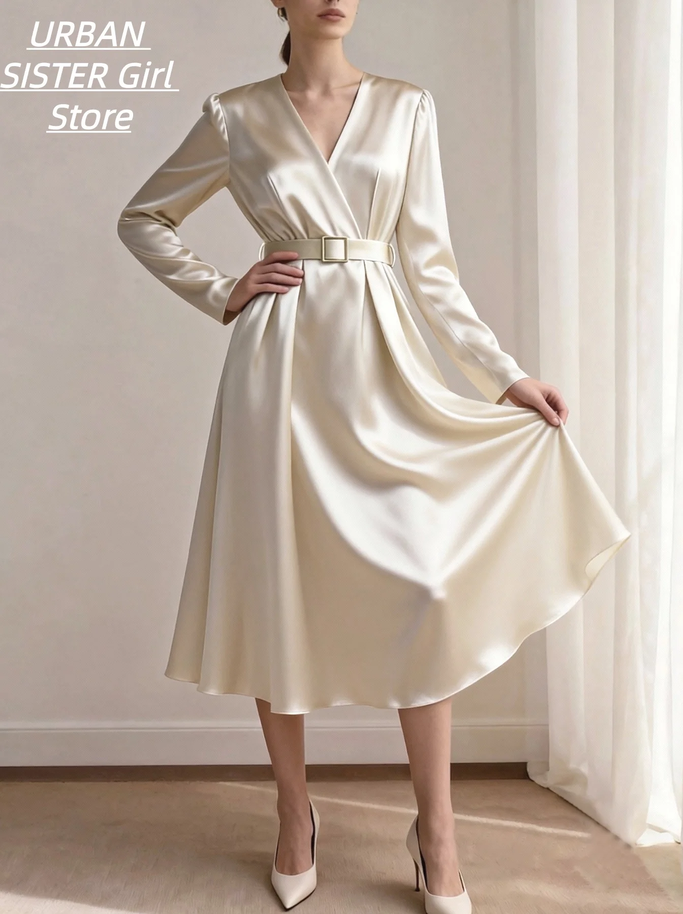 Image of Champagnerfarbenes Wickelkleid mit V-Ausschnitt und Puffärmeln, mit quadratischem Schnallengürtel, tailliertes, fließendes Satinkleid in mittlerer Länge, elegantes Cocktail- und Abendkleid für