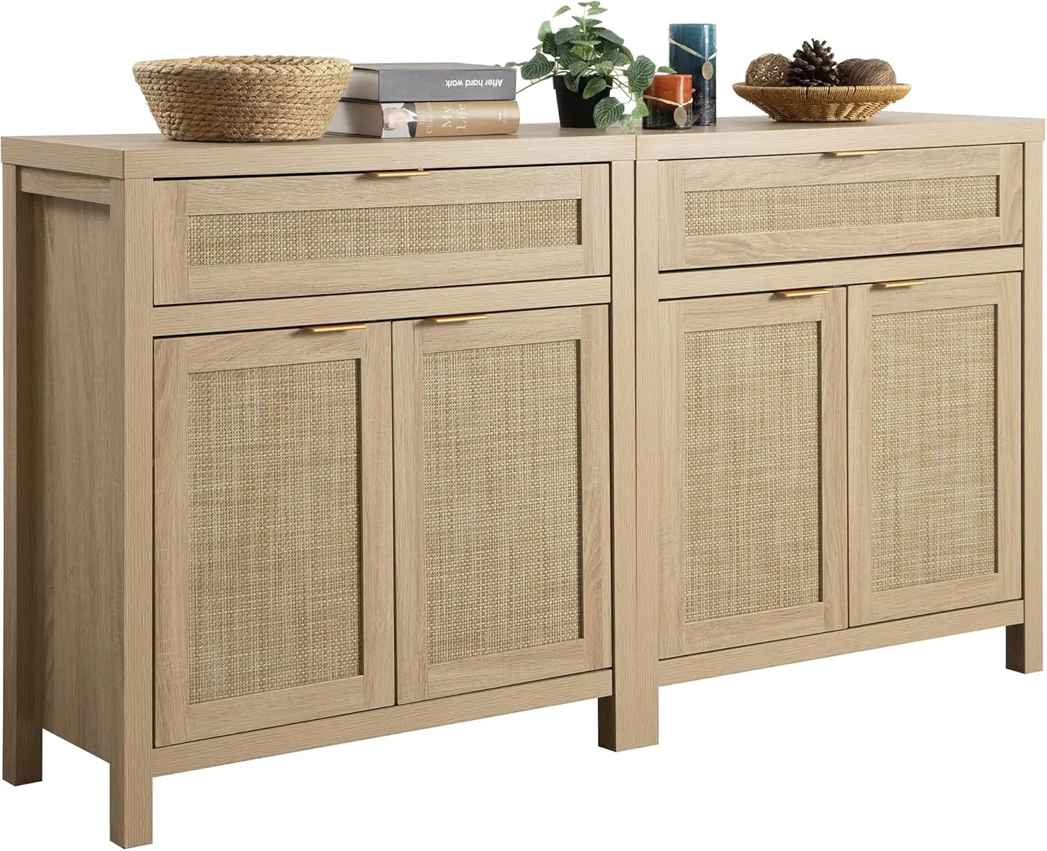 Sideboard Buffet Storage Cabinet Set of 2 Rattan Credenza Buffet Table Boho Console Accent Cabinet with Doors and Drawer