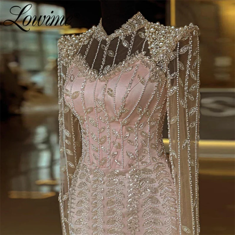 2024 Customize Pink Long Sleeve Beaded Pearls Evening Gown Arabic Mermaid Prom Dress Women Party Second Reception Birthday Dress