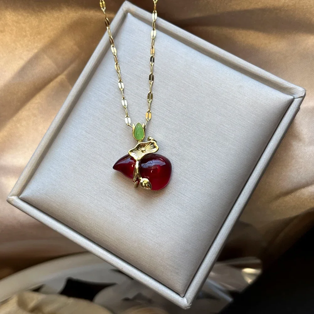 1PC Champagne Crystal Gourd Pendant Gold Plated Copper Necklace Stainless Steel Chain for Women Girl Vacation Party Jewelry Gift