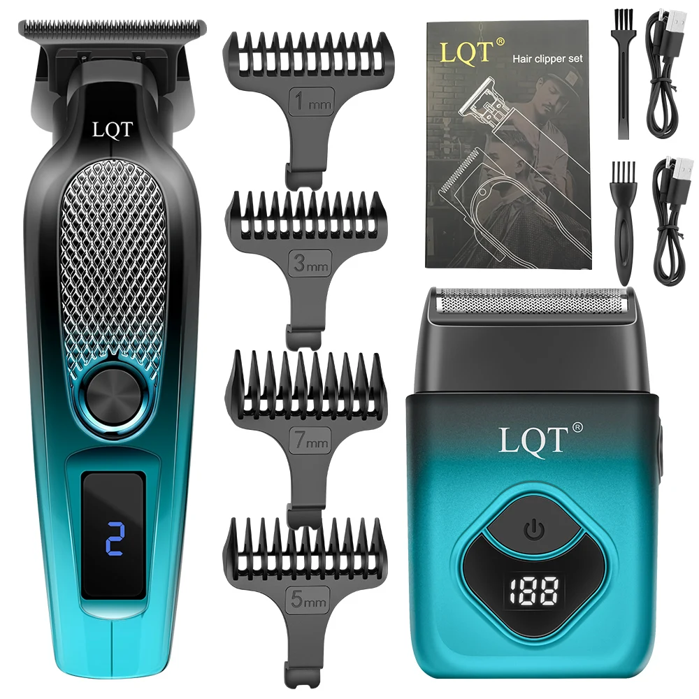LQT Blue Hair Clipper & Shaver Set USB‑C Rechargeable LCD Digital Display Barber Grooming Kit for Men with 4pcs Guide Combs