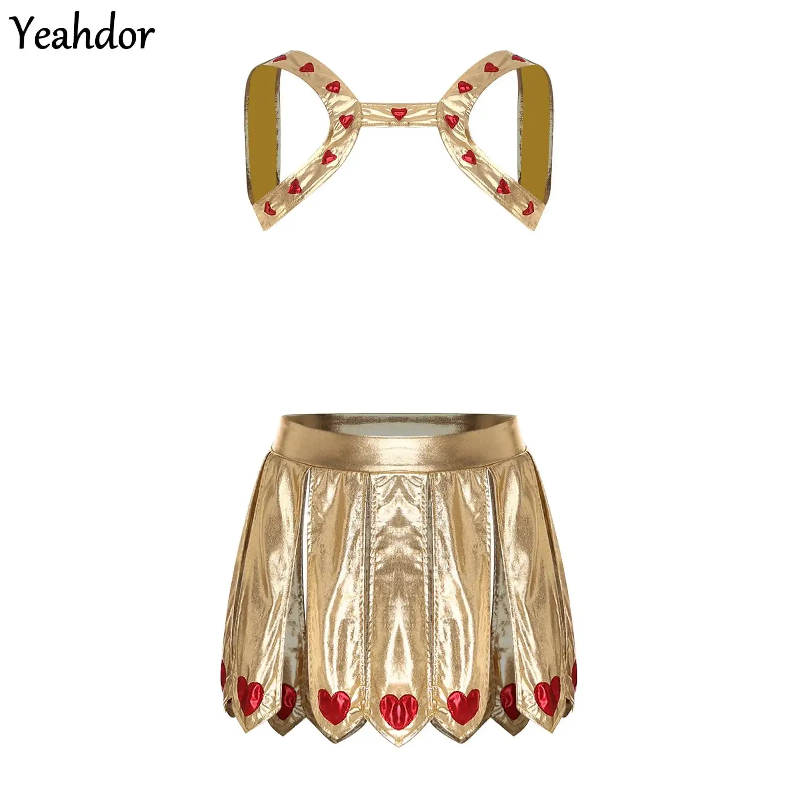

Mens Halloween Fancy Cupid Cosplay Costume Metallic Shiny Heart-embellished Chest Harness And Slit Skirt Ancient Greek Roman Wea