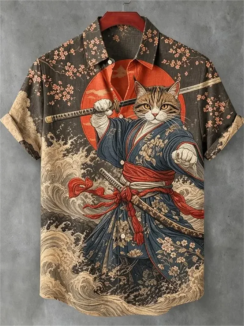 Men's Black Texture Short Sleeve Shirt Gilded Tiger Lucky Cloud Print Street Personalized Top