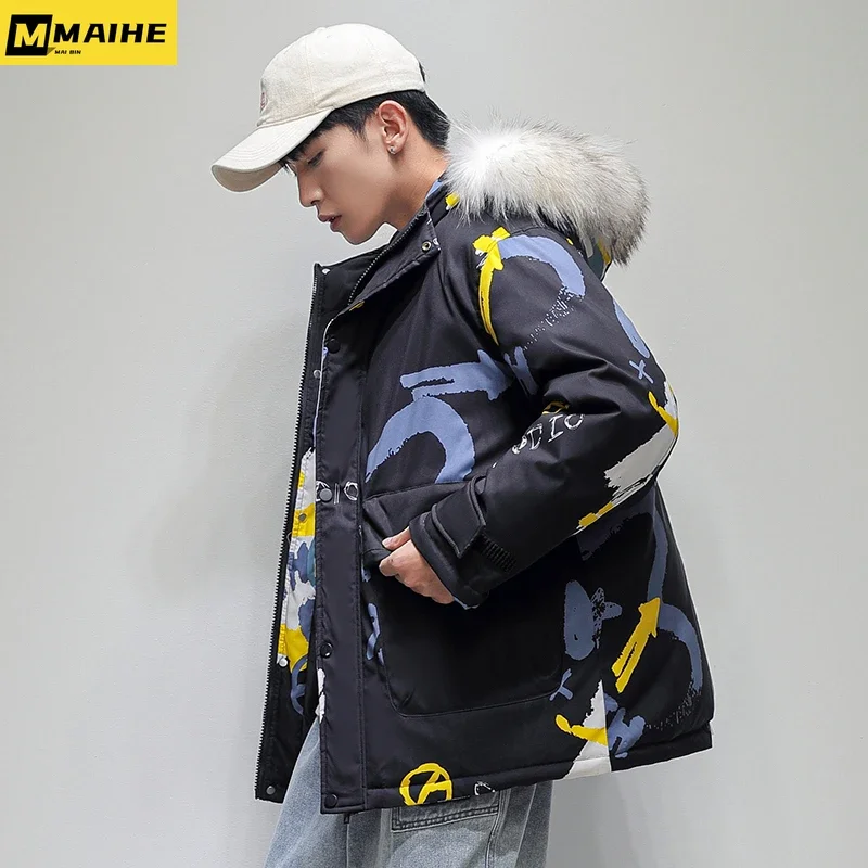 Brand Winter Men's Jacket Korean Trend Hip-hop Hooded Down Jacket Lovers Loose Warmth Short Lightweight Padded Men's Clothing