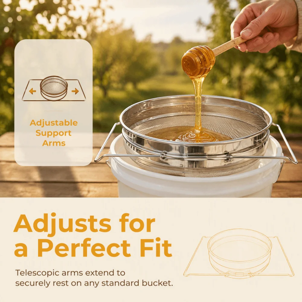Stainless Steel Double Sieve Honey Strainer Double Sieve Extendable Arms Honey Strainer Bucket Antiskid Handle Honey Sieve Set