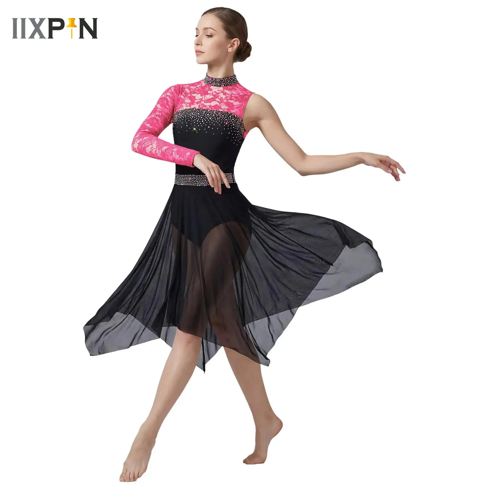 

Женские костюмы для бальных танцев: блестящие леотарды с сетчатыми вставками и стразами, юбки-платья для вальса и лирических танцев