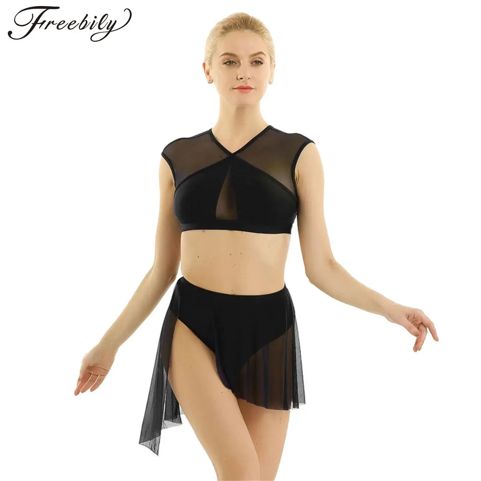 

Women Ballet Dress Asymmetric Lyrical Dance Dress Sleeveless Crop Tops + Short Skirt Ballerina Clothes Exercise Skating Costumes