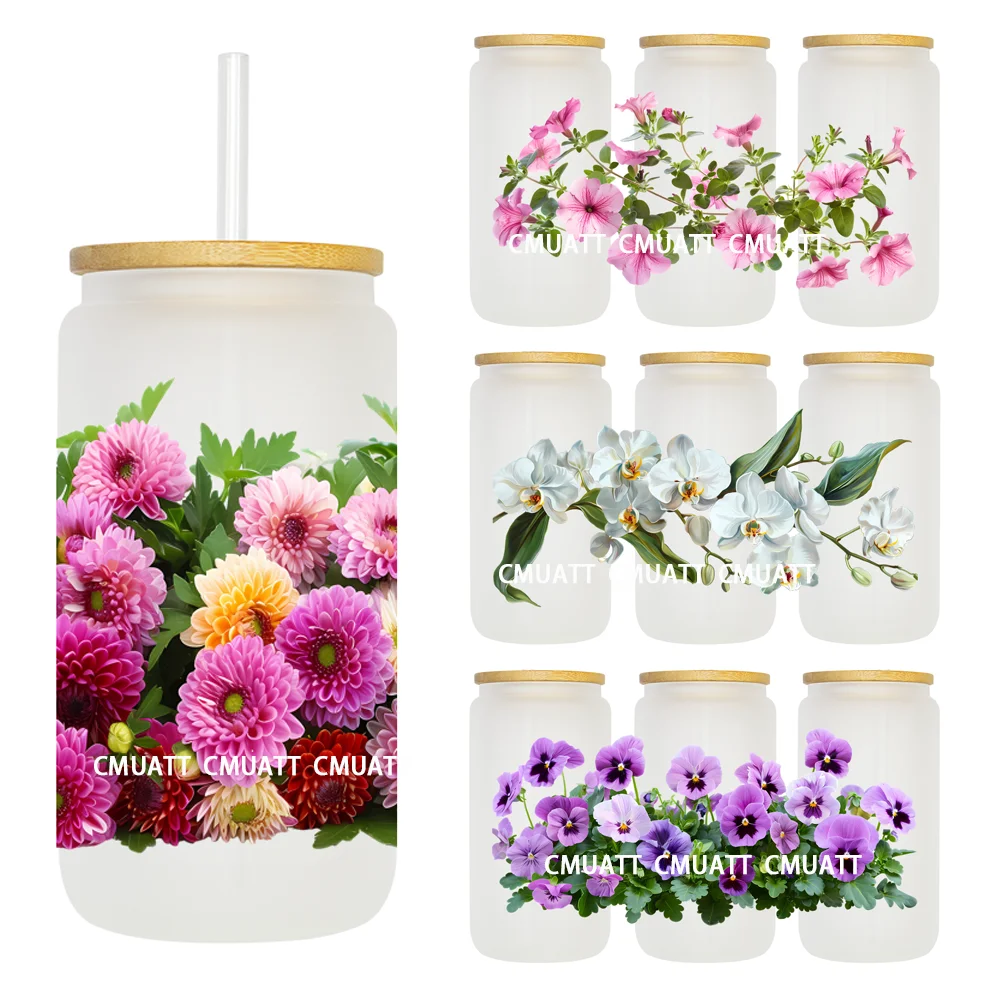 Flowers Of Different Colors 16OZ UV DTF Cup Wrap Transfer Sticker Custom Labels DIY Durable Waterproof Logo For Libbey Glass Can