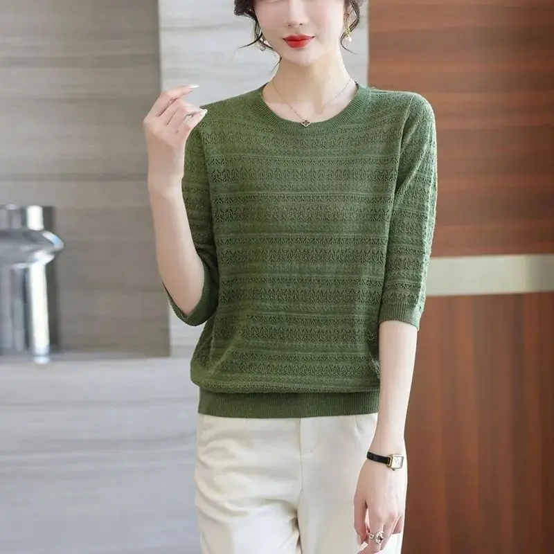 Simplicity Office Lady Spring/Summer Thin Style Women\'s O-Neck Solid Hollow Out Fashion Versatile Half Sleeve Loose Knitted Tops