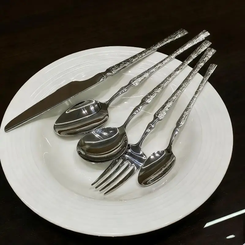 Stainless Steel Long Handle Spoon Dinnerware Set Western Steak Cutlery Ice Pattern Spoon Fork Tree Bark Pattern Small Waist