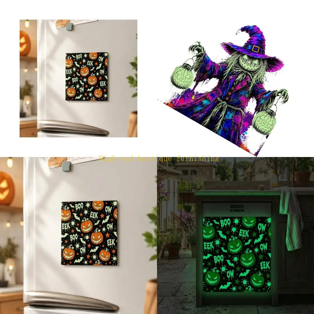 L9NB Halloween Appliance Cover PVC Light-Effect Panel 23 x 25.59 In for Kitchen Dishwasher Front and Metal Appliance Use