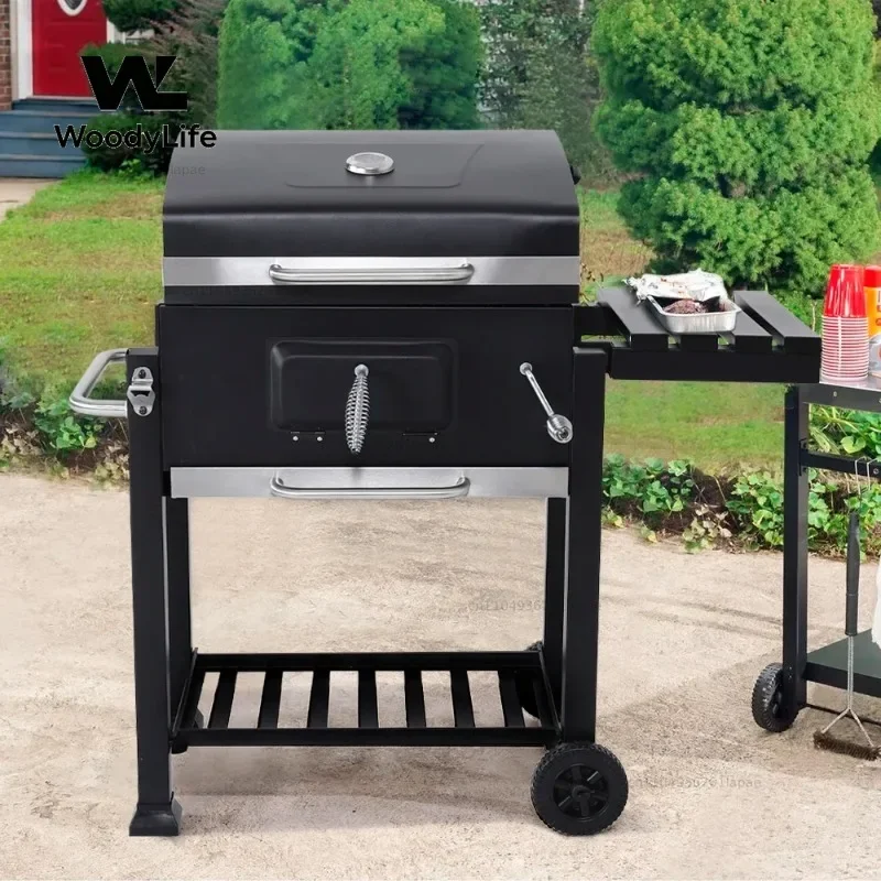 Outdoor Portable BBQ Charcoal Grill, Wheelbarrow Garden Grill with Lid, Folding Table, Bottom Shelf and Thermometer