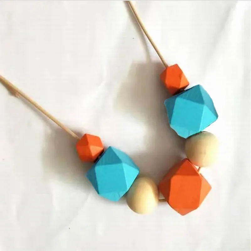 Minimalist Summer Candy Wooden Beads Necklace Light Blue Orange Color Painted Geometric Wood Beads Girls Bohemia Jewelry