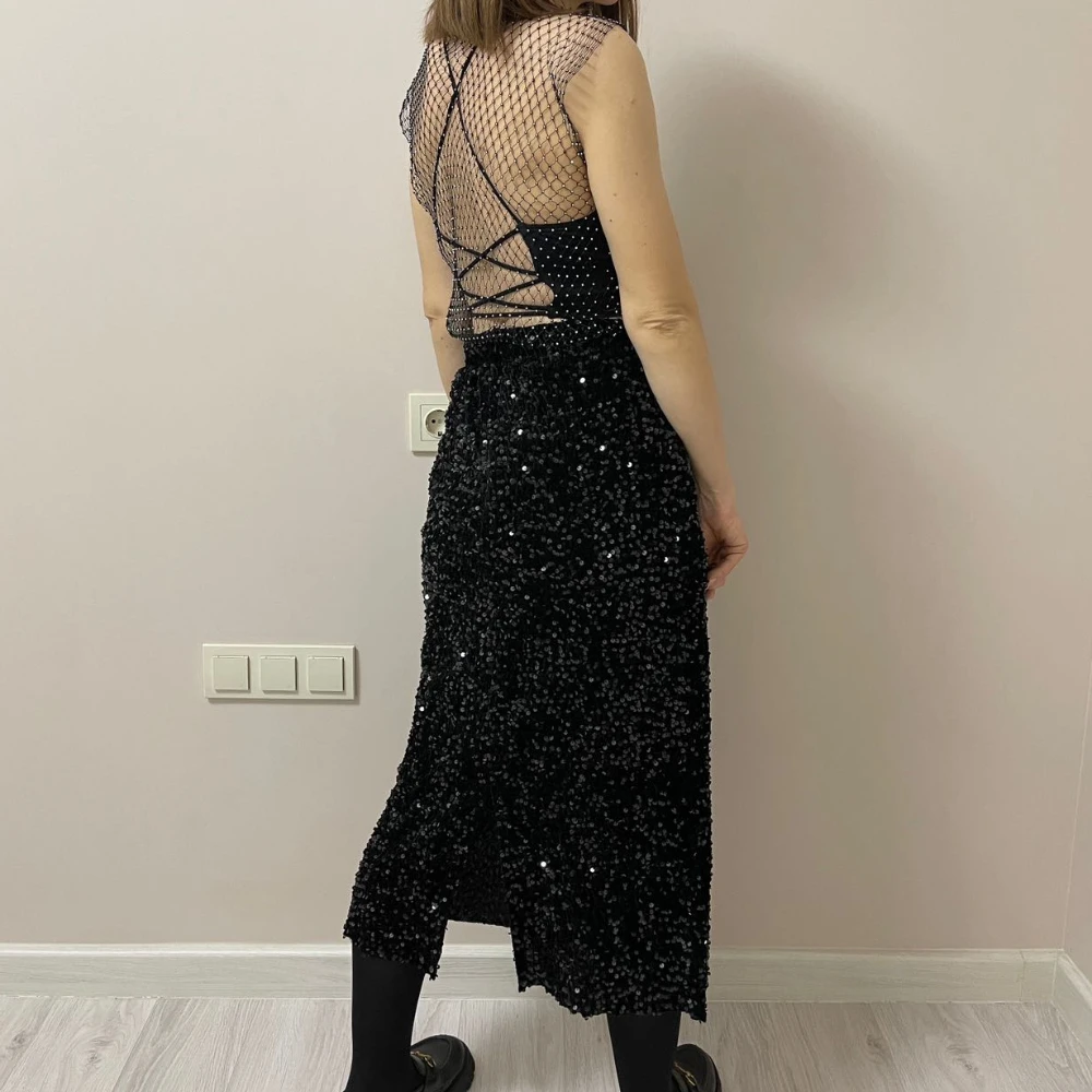 French High-waisted Slim Mid-length Skirt High-grade Shiny Thickened Package Hip Elastic Waist Back Zipper Sequin Skirt Women