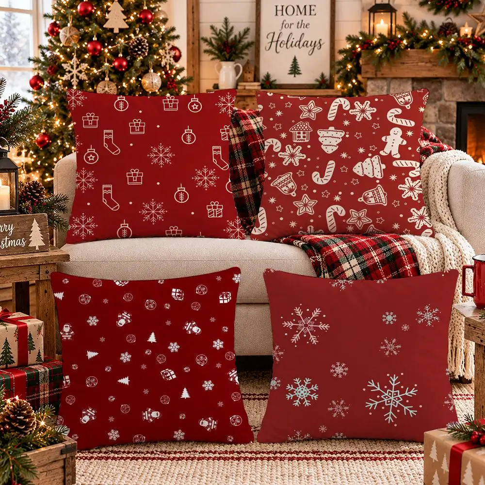 Red Christmas Bell Cushion Cover Soft Plush Sofa Cushion Cover Double-Sided Printed Decorative Pillow Case Warm Home Gift