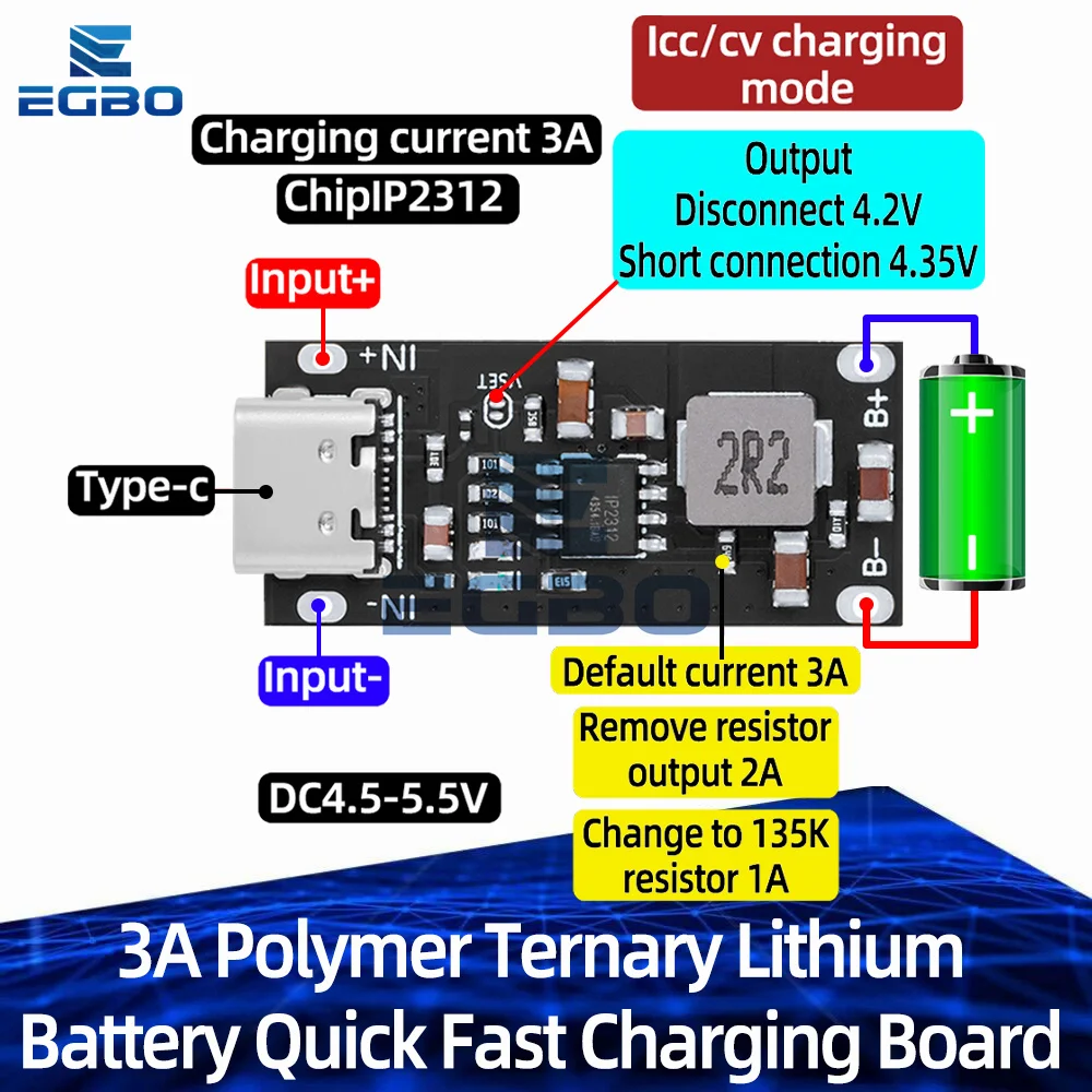 1‌-10PCS IP2312 CC/CV Fast Charging Module | 3A Type-C Buck Converter for Ternary Lithium Batteries (5V to 4.2V, Polymer Li-ion)