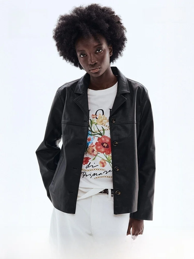 

H&M Summer New Women's Coated Jacket Simple Style PU Leather Coat Flip Collar Regular Length for Young And Middle-aged