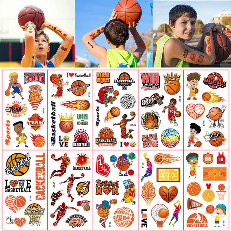 10Sheets Cartoon Basketball Rugby Football Baseball Temporary Tattoo Stickers Baby Shower Kid Body Sticker Tattoos Sport Party