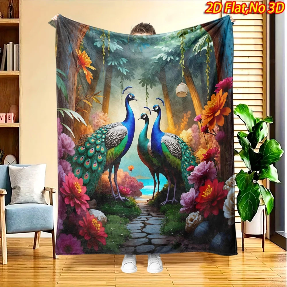 Vivid Jungle Three Peony Peacocks Floral Stone Path Flannel Throw Blanket Warm Cover For Sofa Tropical Wildlife Decor Gift