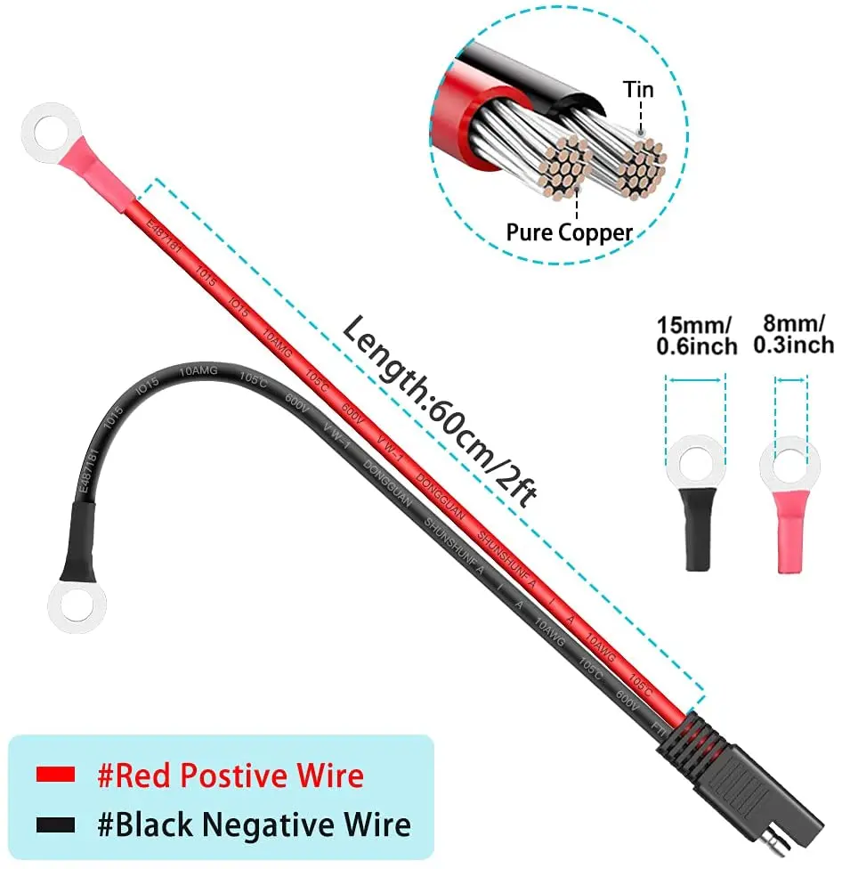 Gadpow 10AWG SAE 2-Pin Quick Disconnect to O-ring Terminal Harness Connector with 15A Fuse for Car Battery Charger Cable