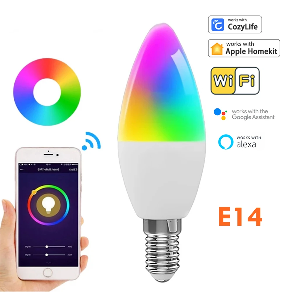 HomeKit สมาร์ทหลอดแอลอีดี E14 WiFi RGB + CW โคมไฟเทียนไข Dimmable สีสัน Cozylife APP Control ทำงานร่วมกับ Alexa Google Siri