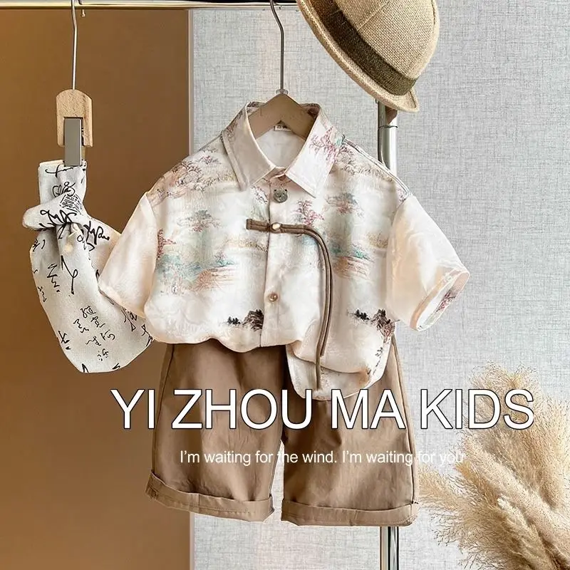 

Baby Boys Children Suits Summer Kids Fashion Casual Outdoor Shirts Loose Shorts 2Pcs Sets Handsome Hanfu Gentleman Suits 2-8 Y