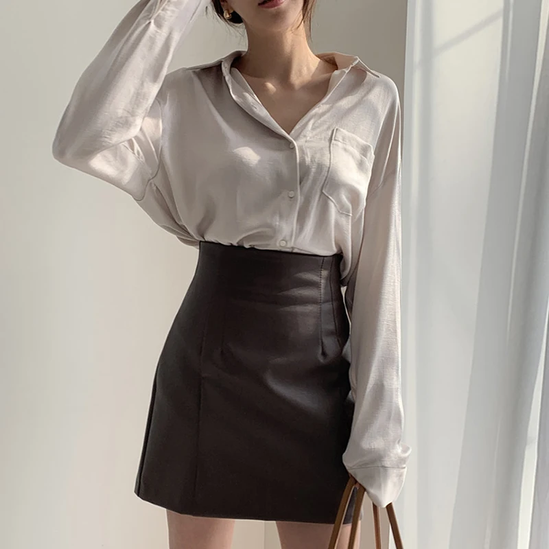 Conjunto de Falda  de Cintura Alta y Csa de Manga Larga Vintage Chic de Cuero PU, Moda Femenina E con Cuello Ca...