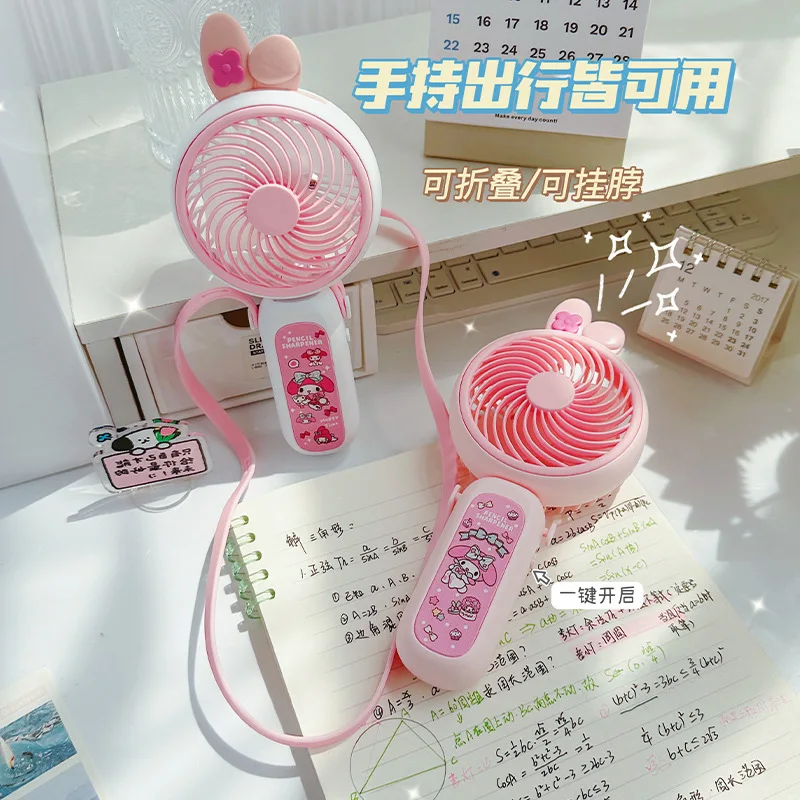 

Kawaii My Melody Kuromi мультфильм складной бесшумный вентилятор аниме Sanrio девушка сердце милый шейный вентилятор с лямкой на шее настольный USB электрический вентилятор