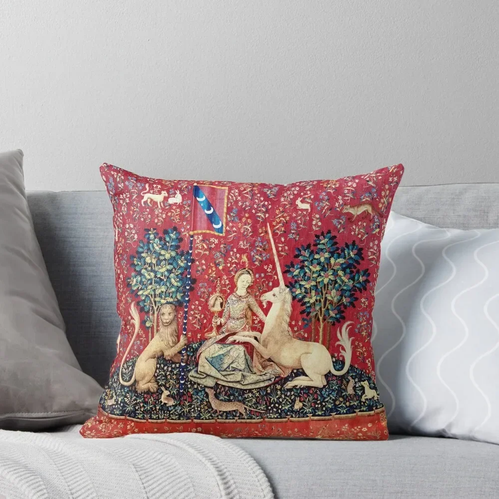 The Lady and the Unicorn - Sight: La Dame à la licorne - La Vue - Medieval Unicorn Tapestry Throw Pillow