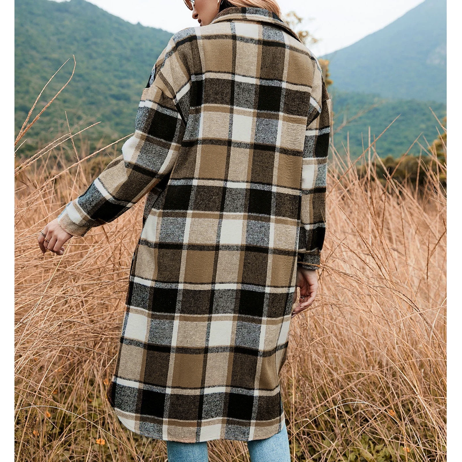 Women's Plaid Print Button Front Drop Shoulder Shirt Coat, Casual Long Sleeve Collared Flap Pocket Outerwear for Fall and Winter