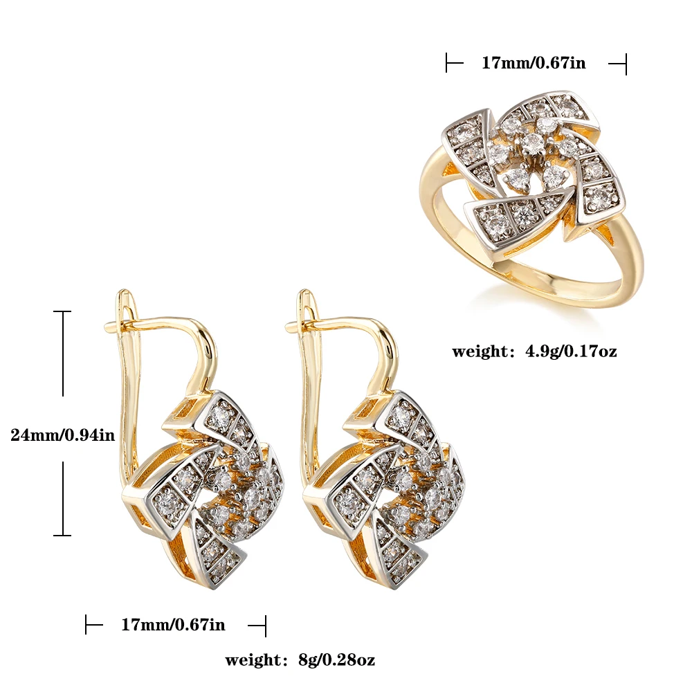 Geometric Windmill Zircon Earrings & Ring Set, 14K Gold Plated