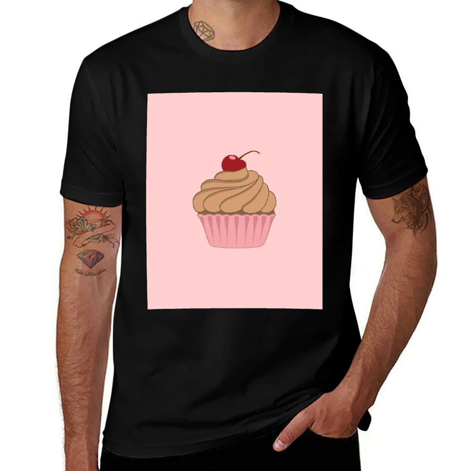 Chocolate Brown and Pink Cupcake T-Shirt Non-Shrink Basic Cotton T-Shirt