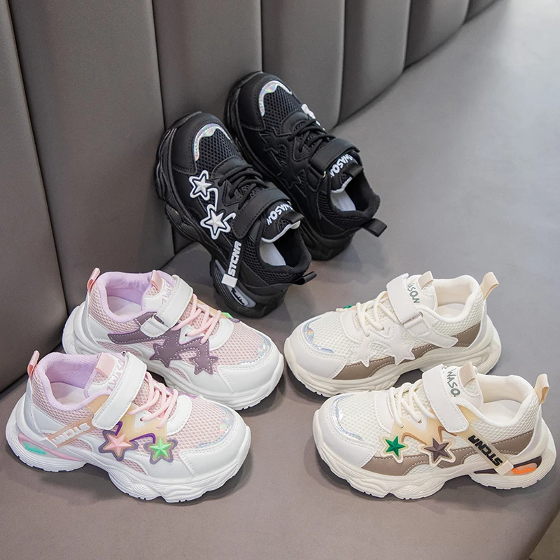 Students Sports Shoes Thick Soft Sole Kids Running Shoes Mesh Breathable 2024 New Fashion Boys Girls Sneakers with Stars Casual