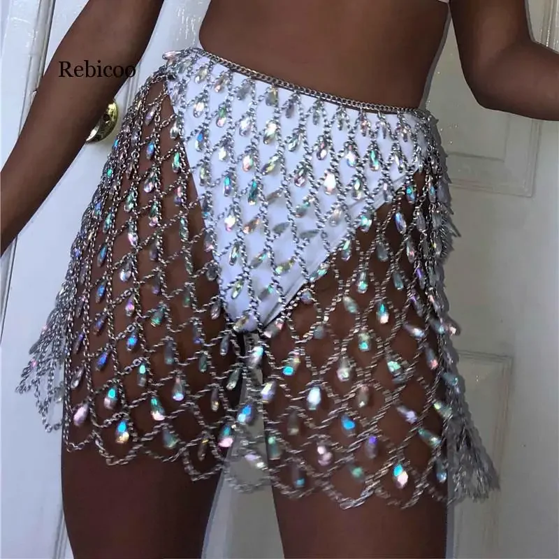 Gold Silver Crystal Diamonds ClubWear Sexy Short Dress Women Summer Beach Cover Bikini Mini Skirt Glitter Rhinestone Mesh Skirts