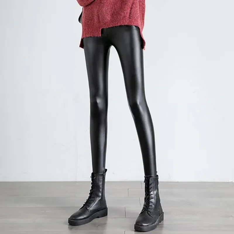 DOIAESKV autumn and winter outer wear fleece thickened high-waisted and thin windproof waterproof feet PU leather long pants