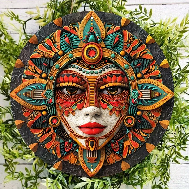 

Aluminum Metal Sign Art Set, Round Wall Decor with Aztec Sun God Design, Waterproof and Weather Resistant, Outdoor Door Hanger