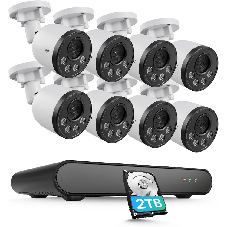 8CH 5MP PoE Security Camera System with Audio, 8 Channel 5MP NVR with 2TB HDD, 8pcs 4MP Outdoor Indoor Surveillance