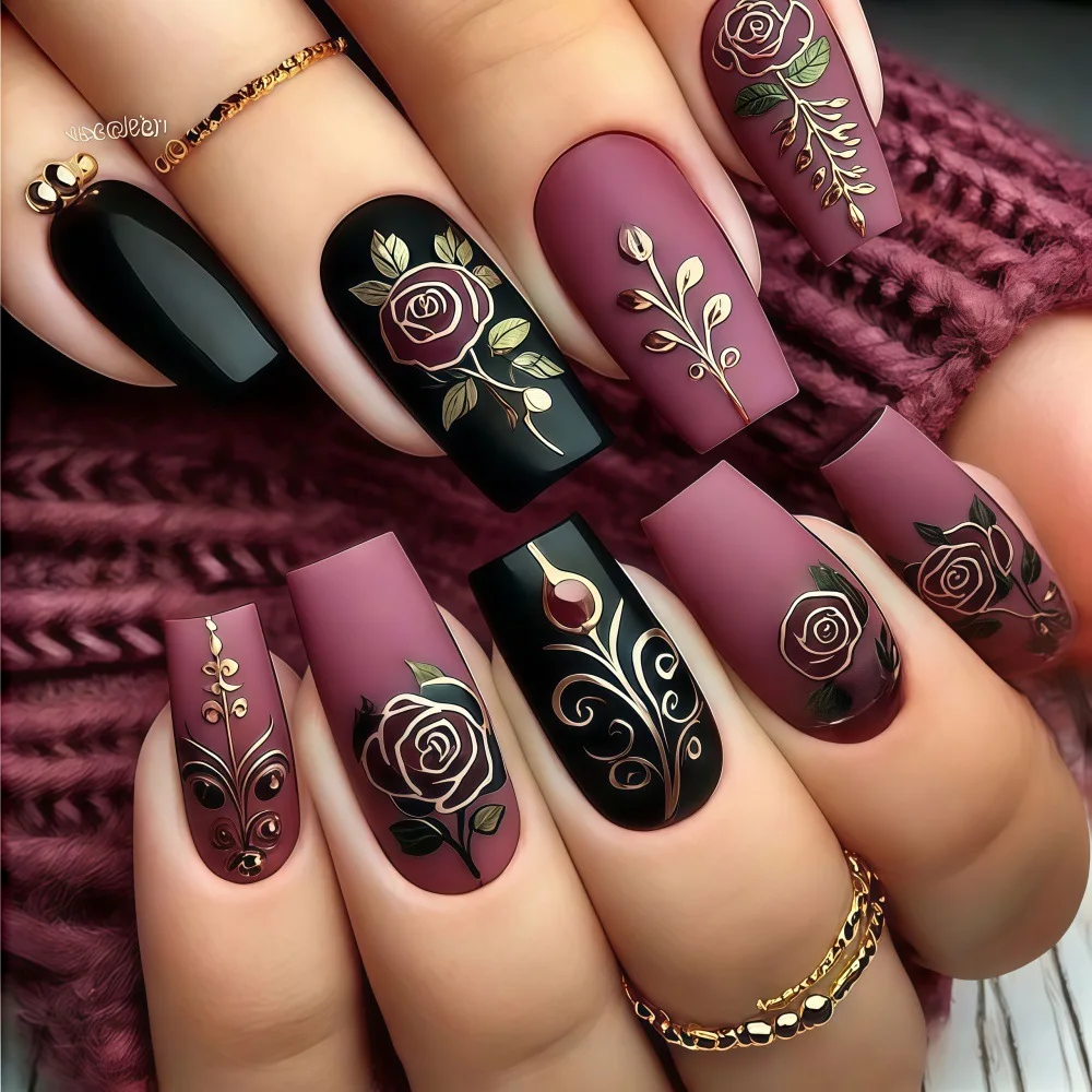 3D Medium fake nail gradient purple black red golden gilding flowers leaf design glossy full cover tips press on false nail art