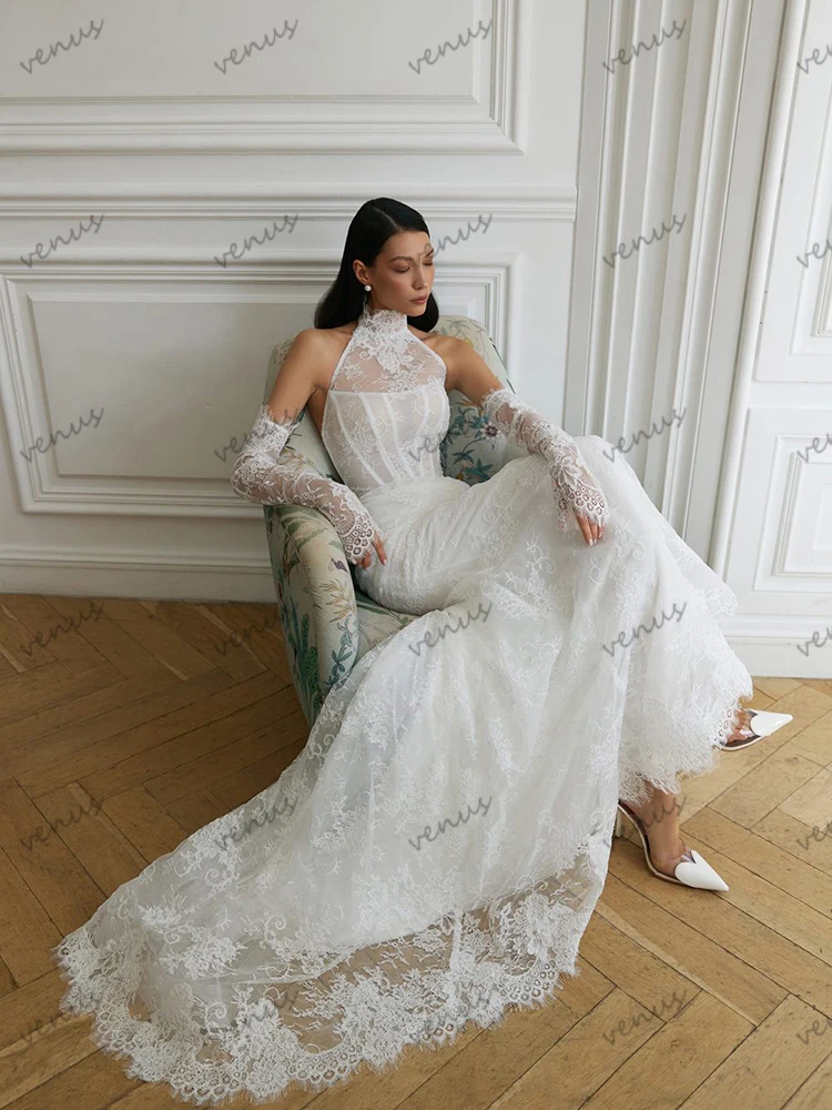 Abiti da sposa vintage Abiti da sposa glamour Abiti a strati in pizzo Scollo all'americana Lunghezza pavimento Abiti glamour da sposa Personalizzati