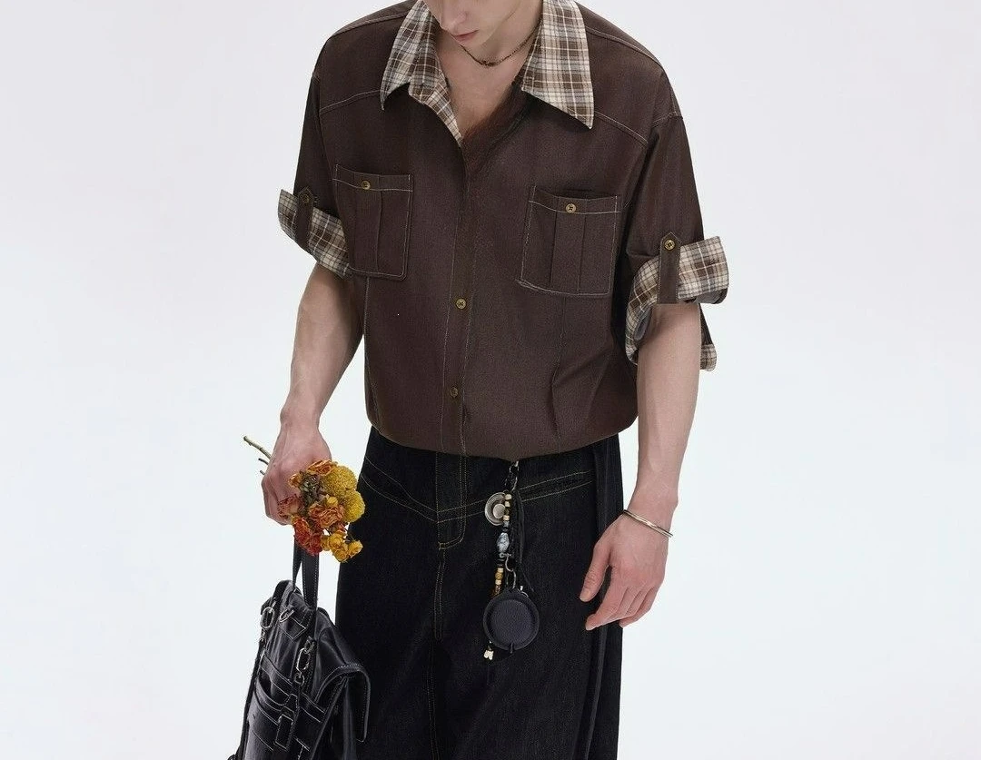

Fake Two-piece Plaid Splicing Short-sleeved Retro Summer Shirt 2026 Men's New Loose Casual Temperament Shirt