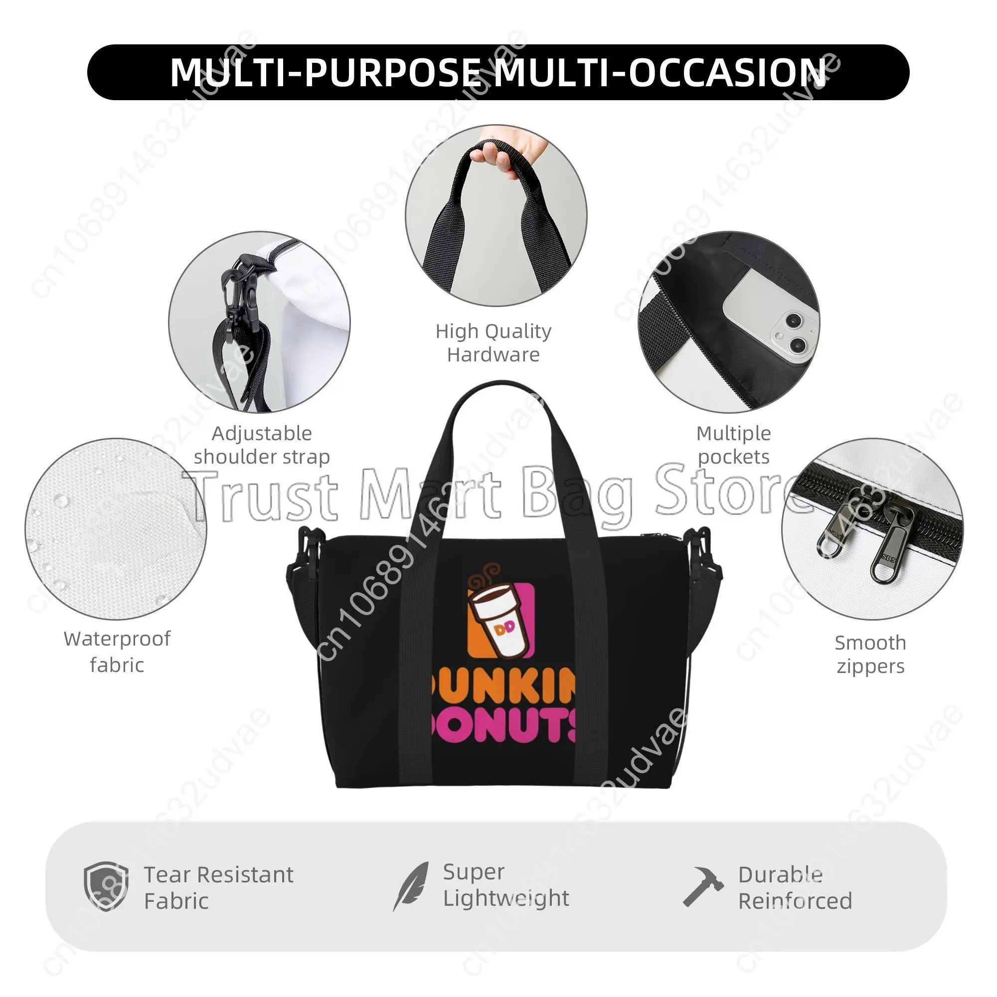 Dunkin Donuts Logo Print Duffel Bag for Boys Girls Handbags for Women Men Waterproof Tote Bags for Travel Gym Beach Daily Use