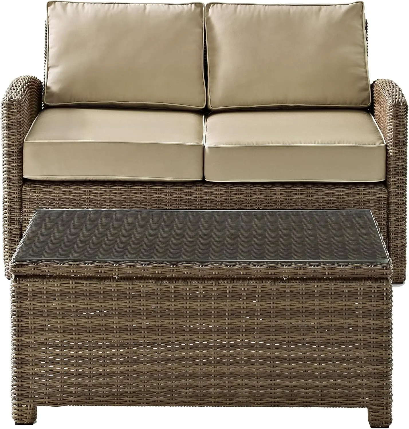 Crosley Furniture Bradenton 2-Piece Wicker Outdoor Coffee Table and Loveseat Patio Furniture Set for Porch, Brown with Sand Cush