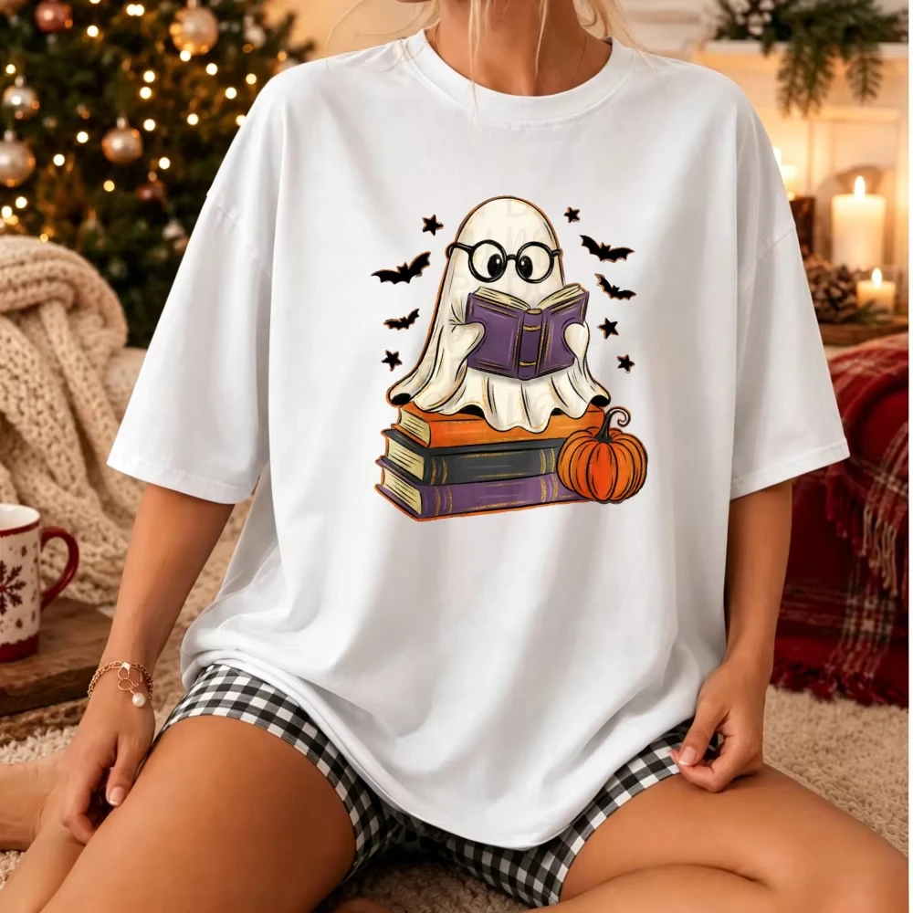 Cute Nerdy Glassed Reading Ghost Halloween T‑Shirt Bookish Ghost on Stack Books Pumpkin Bat Star Spooky Fall Book Lover Nerd Top