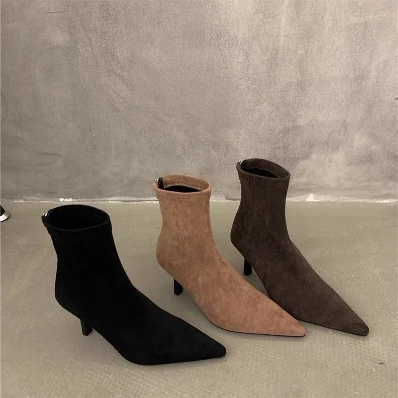 Luxury Women Ankle Boots Sexy Pointed Toe Heels Autumn New Suede Shoes 2024 Winter Warm Fashion Snow Botas Mujer Party Pumps