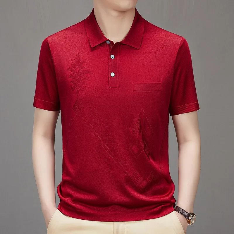 High End Men's Polo Shirts Casual Smooth Shiny Silk Short Sleeve Tennis Shirt Summer Business Dangling Mercerized Cotton T-shirt