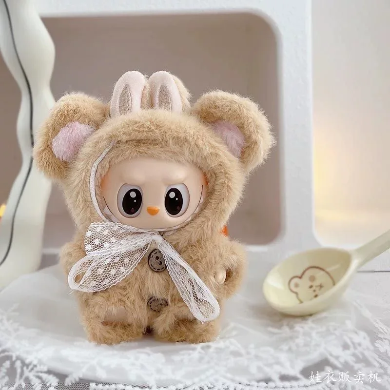 

17 см одежда для куклы Labubu, милый наряд с капюшоном в виде медведя с заячьими ушками и кружевным бантом, модные плюшевые аксессуары для наряда, подарок для ребенка своими руками