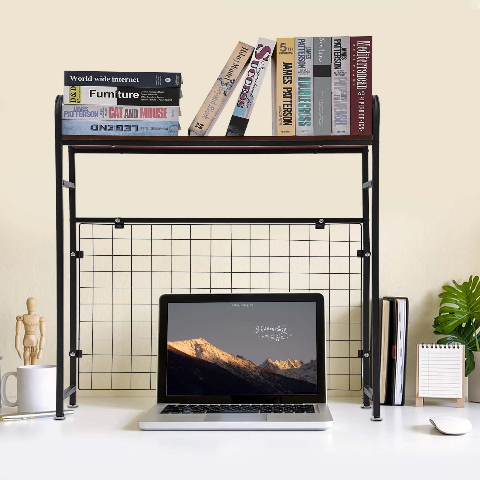 Bookshelf with Grid Bookshelf Desk Storage Desktop Wrought Iron Shelves Student Computer Desk Bookcases Home Decoration