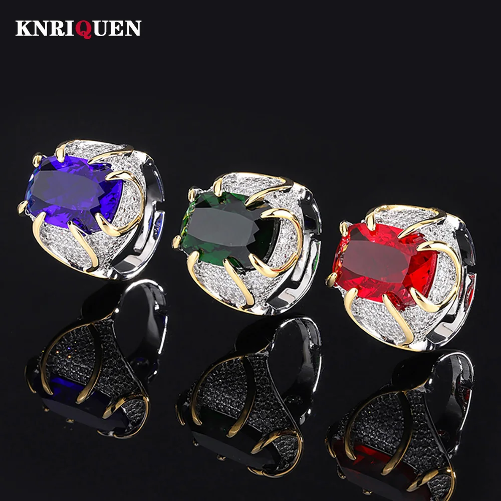 

Retro 12*18MM Ruby Emerald Sapphire Rings Lab Diamond Wedding Bands Gemstone Cocktail Party Fine Jewelry Female Anniversary Gift